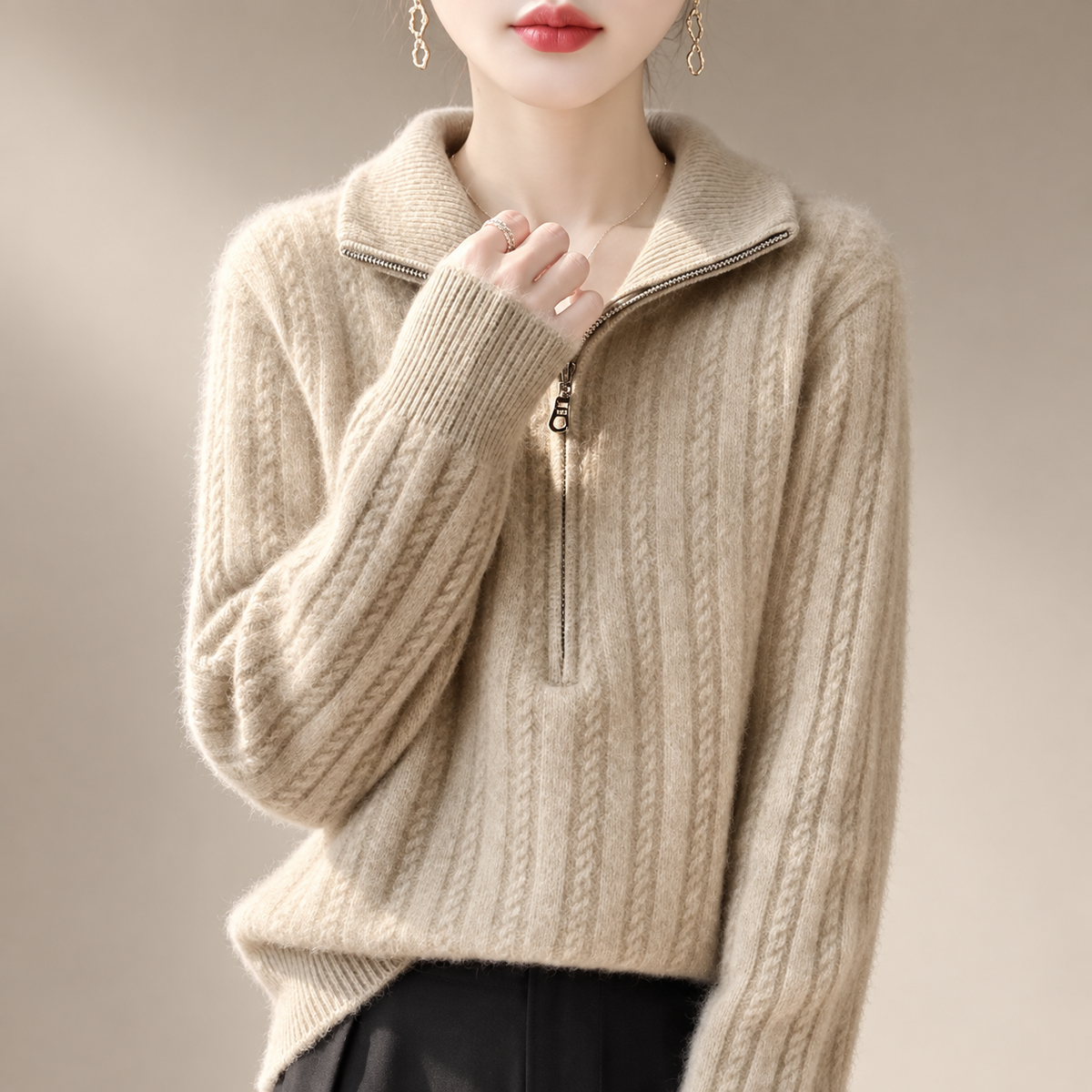Lucienne Cable Knit Half-Zip Mock Neck Sweater