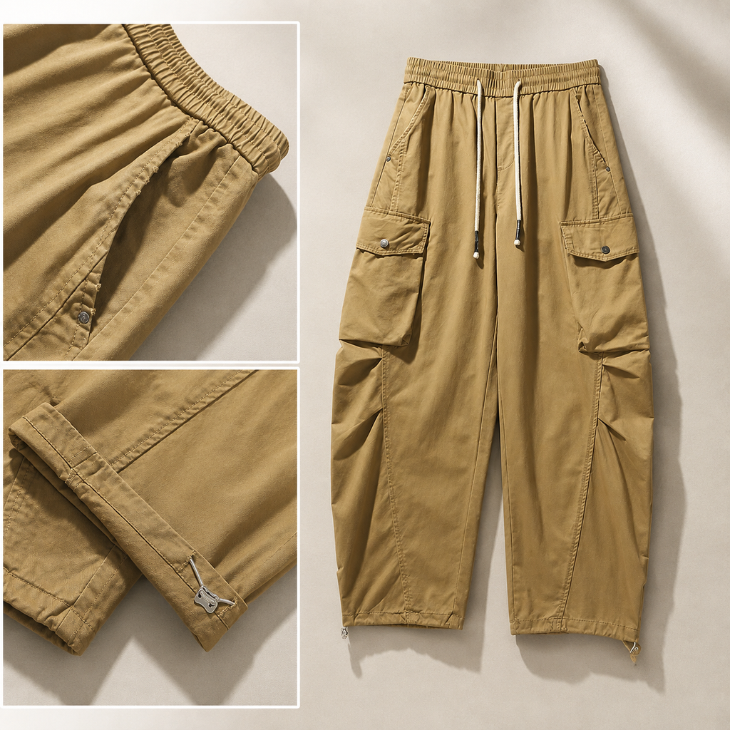 Declan Men’s Wide-Leg Cargo Pants – Drawstring Utility Trousers with Flap Pockets
