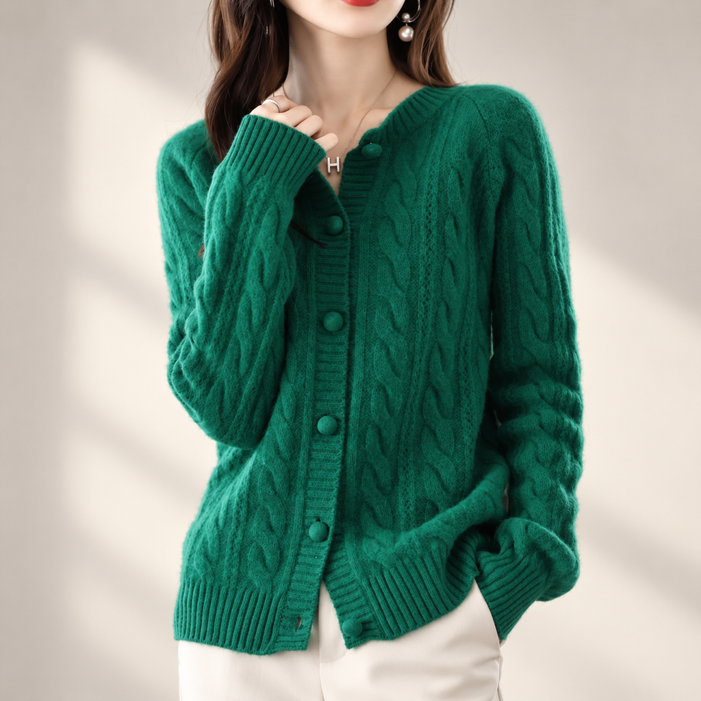 Marianne Cable Knit Button Cardigan – Women’s Crew Neck Long Sleeve Sweater