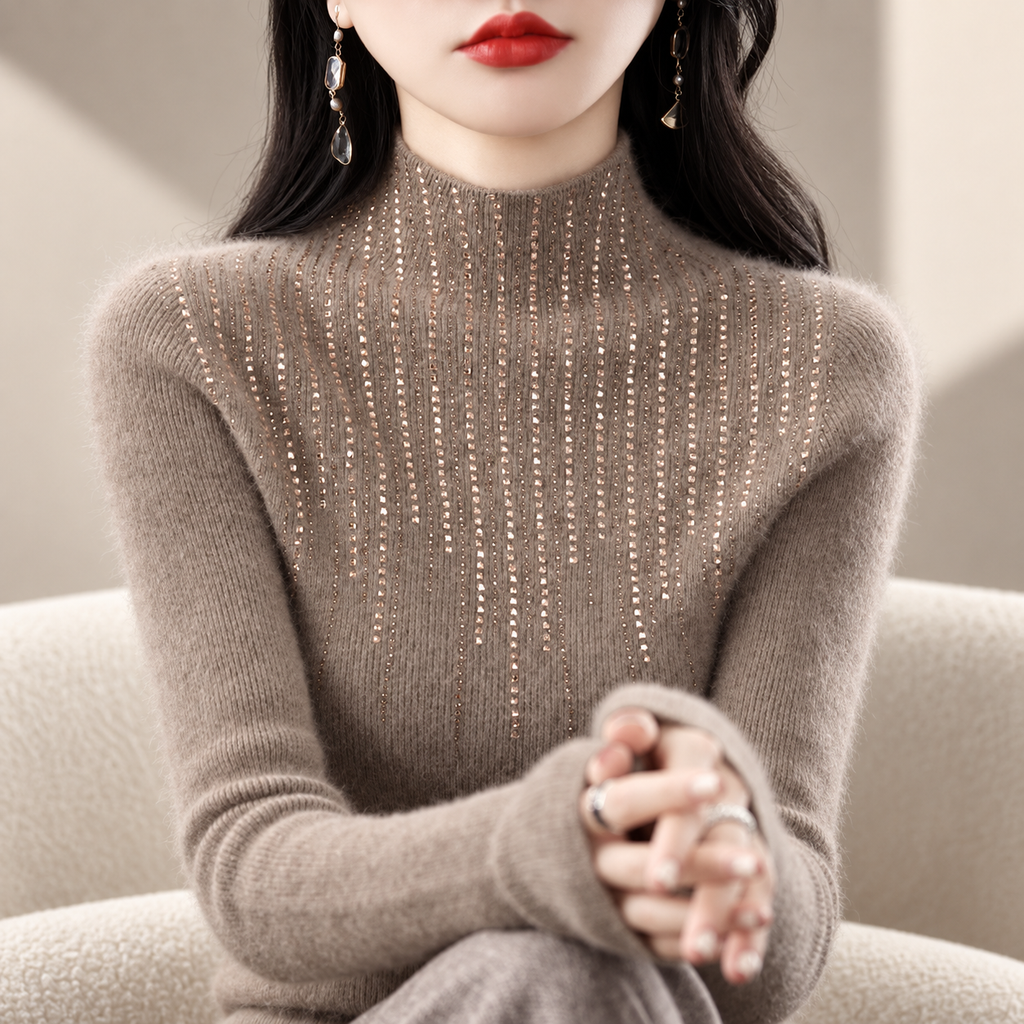 Valentina Women’s Mock Neck Rhinestone Knit Sweater – Long Sleeve Fitted Pullover