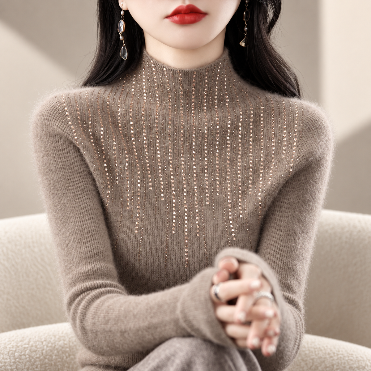 Valentina Women’s Mock Neck Rhinestone Knit Sweater – Long Sleeve Fitted Pullover