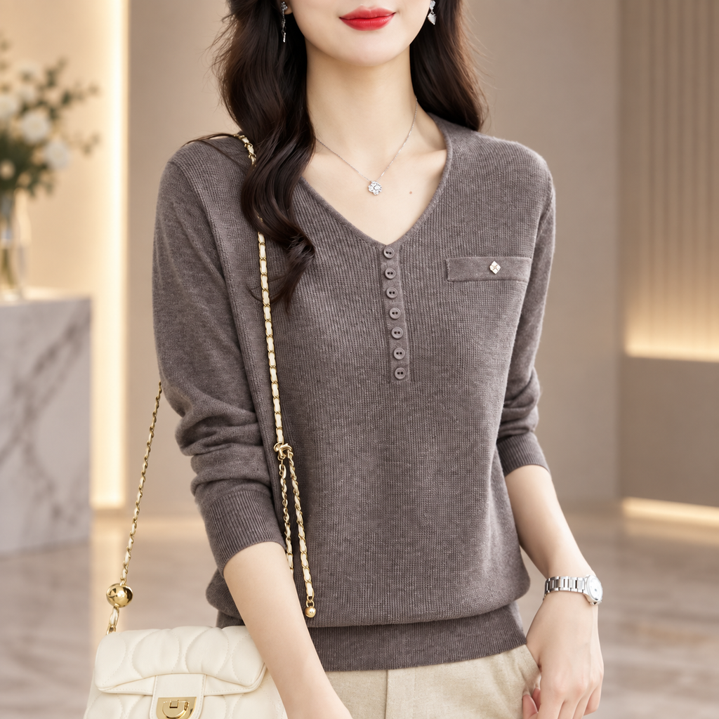 Marina Women’s V-Neck Button Detail Knit Sweater – Long Sleeve Pullover Top