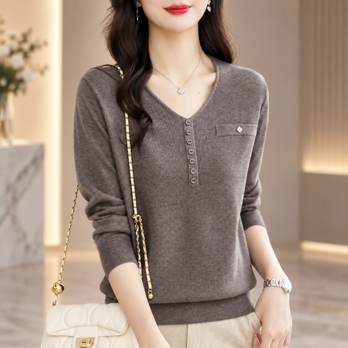 Marina Women’s V-Neck Button Detail Knit Sweater – Long Sleeve Pullover Top