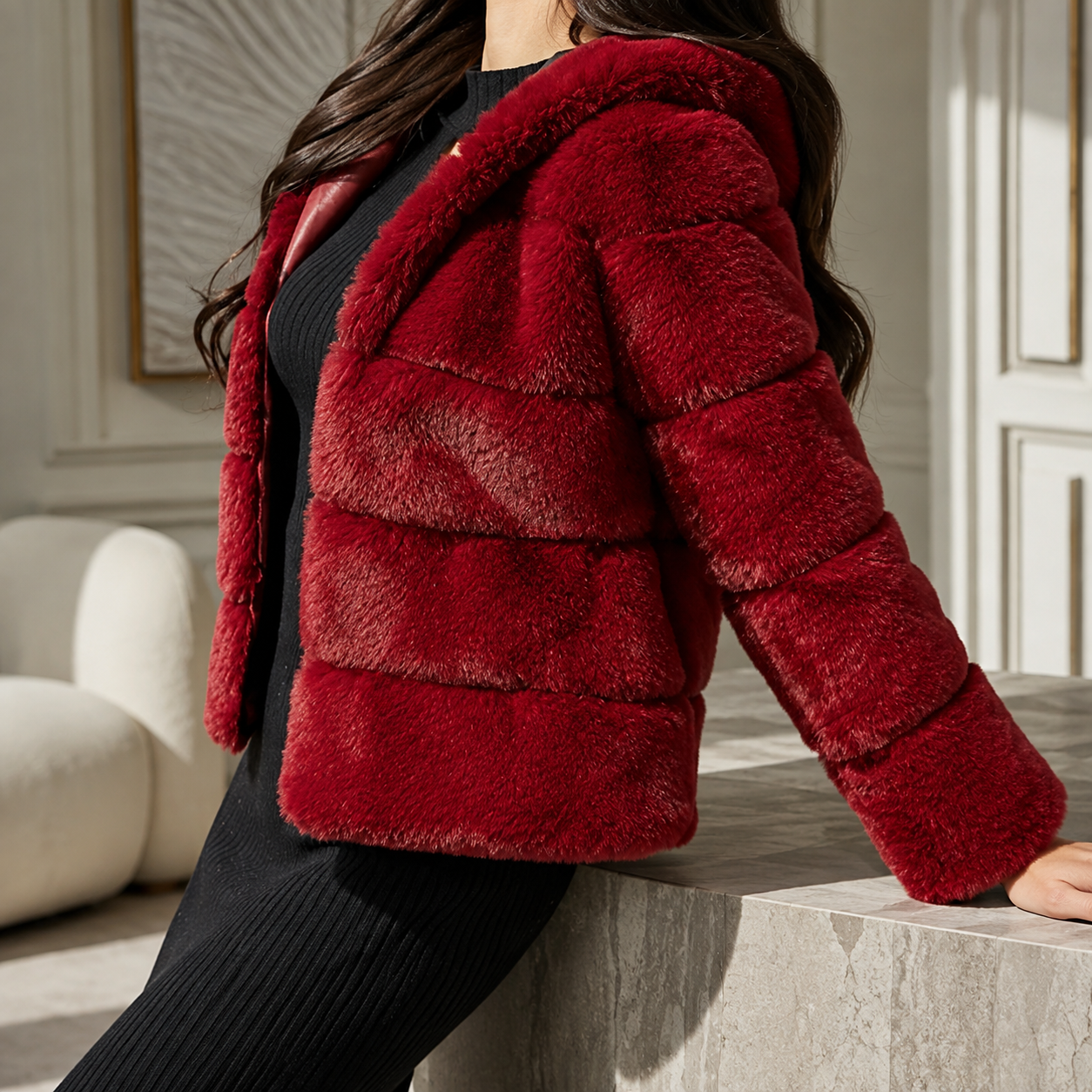 Genevieve Women’s Faux Fur Hooded Jacket – Cropped Coat