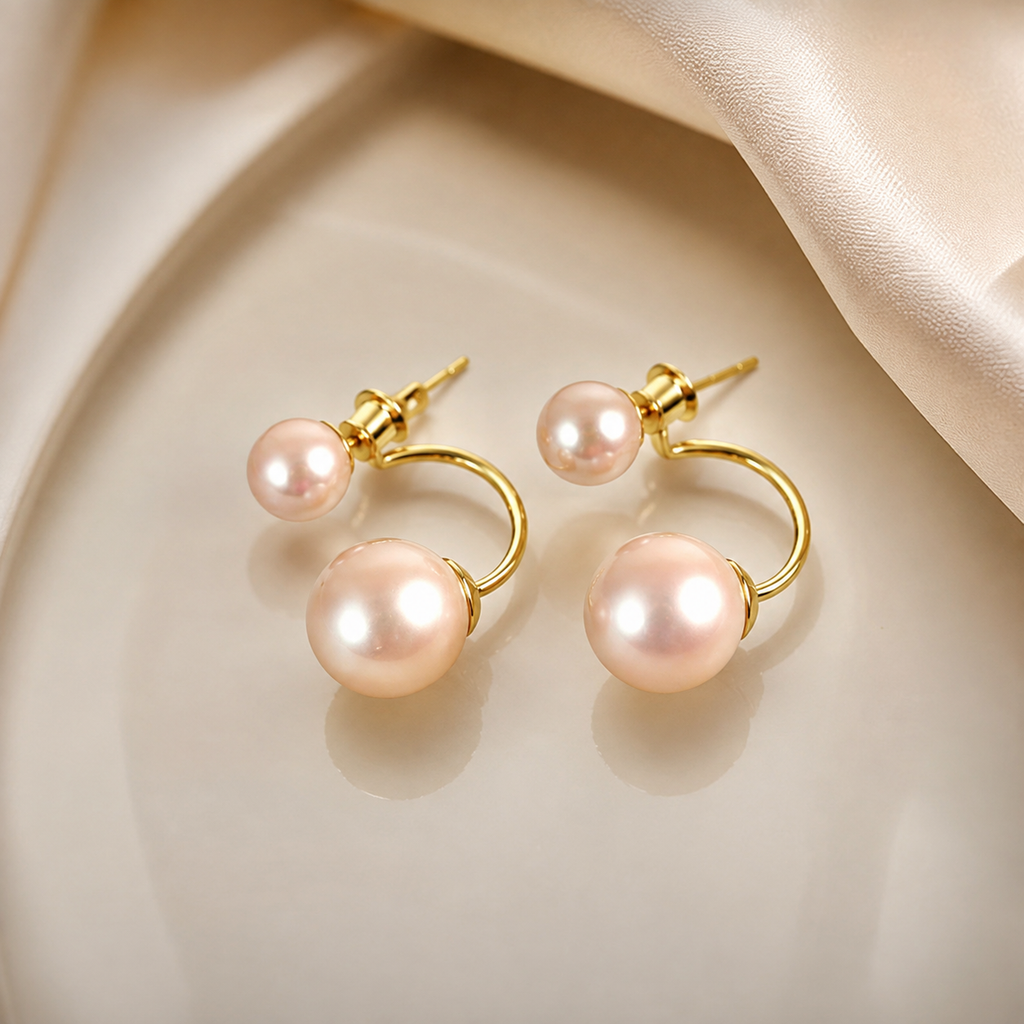 Alessia Women’s Double Drop Pearl-Style Earrings – Statement Post-Back Earrings