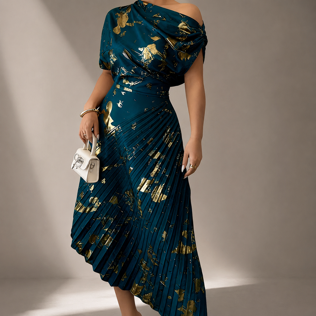 Natalie’s One-Shoulder Metallic Print Pleated Dress