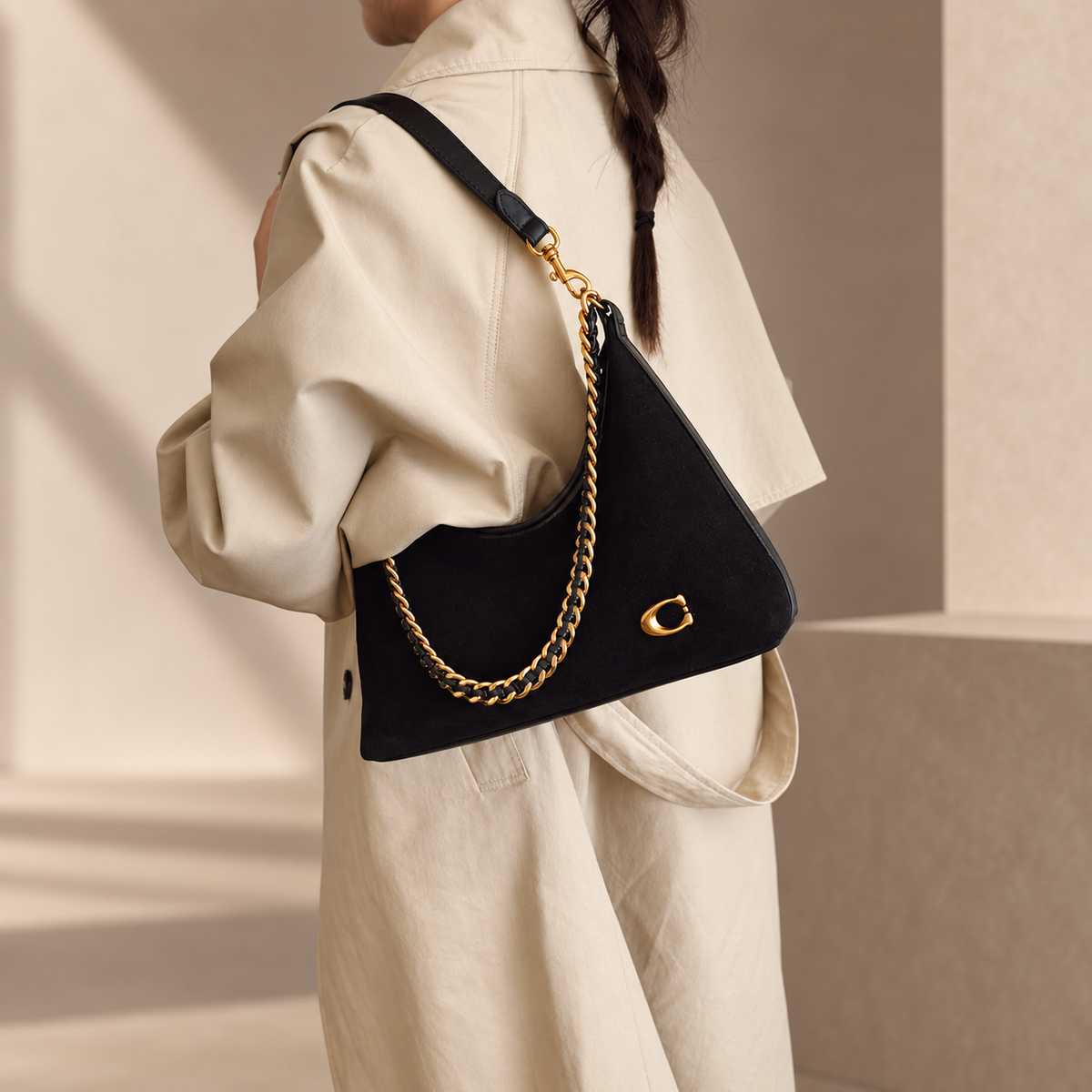 Lorenza Suede-Look Hobo Shoulder Bag with Chain Detail
