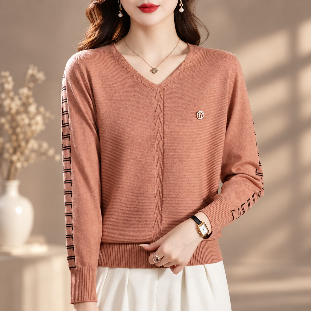 Renata Women’s V-Neck Knit Sweater – Long Sleeve Textured Pullover