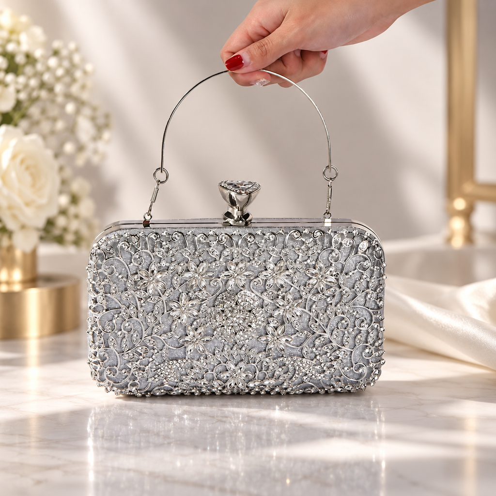 Seraphina Crystal Floral Evening Clutch with Top Handle