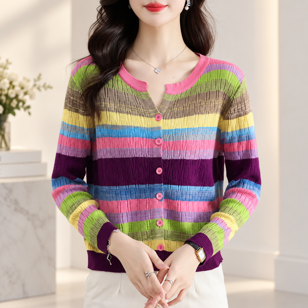 Evelina Women's Multicolor Striped Pointelle Knit Button-Front Cardigan