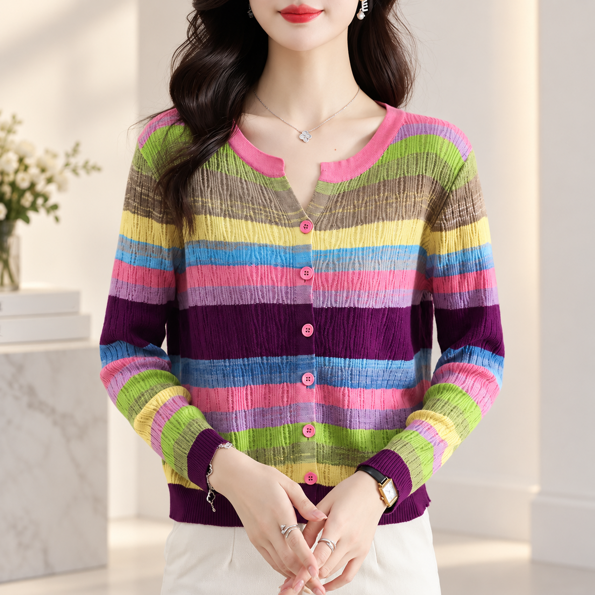 Evelina Women's Multicolor Striped Pointelle Knit Button-Front Cardigan