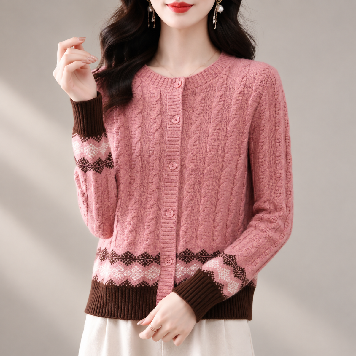 Rosalie Cable Knit Fair Isle Button Cardigan
