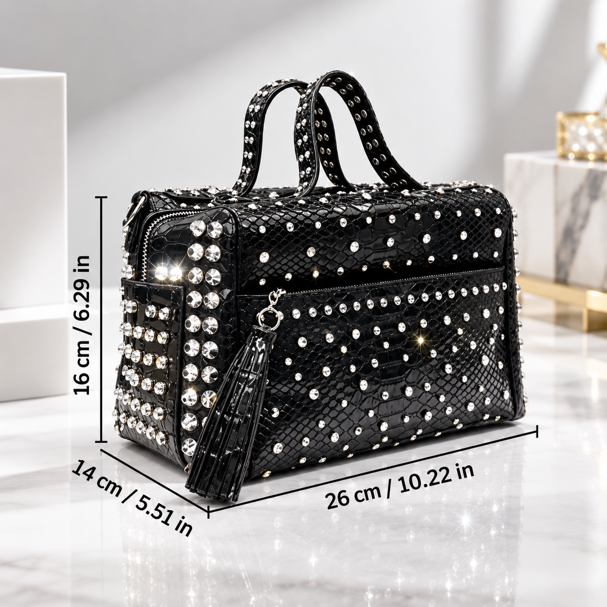Camille Studded Reptile-Texture Satchel Handbag with Detachable Strap