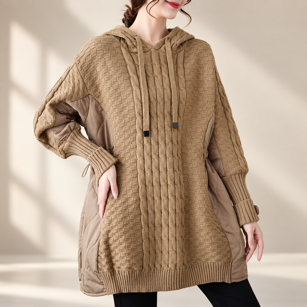 Bianca Women's Cable Knit Hooded Sweater Coat with Quilted Panels
