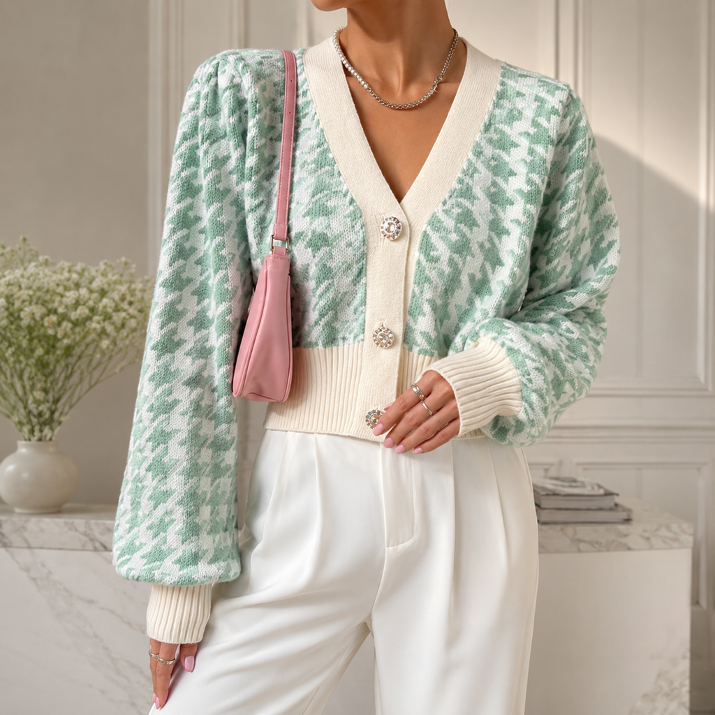 Amelia Women’s Patterned Knit Button Cardigan – Cropped Soft Knit Sweater