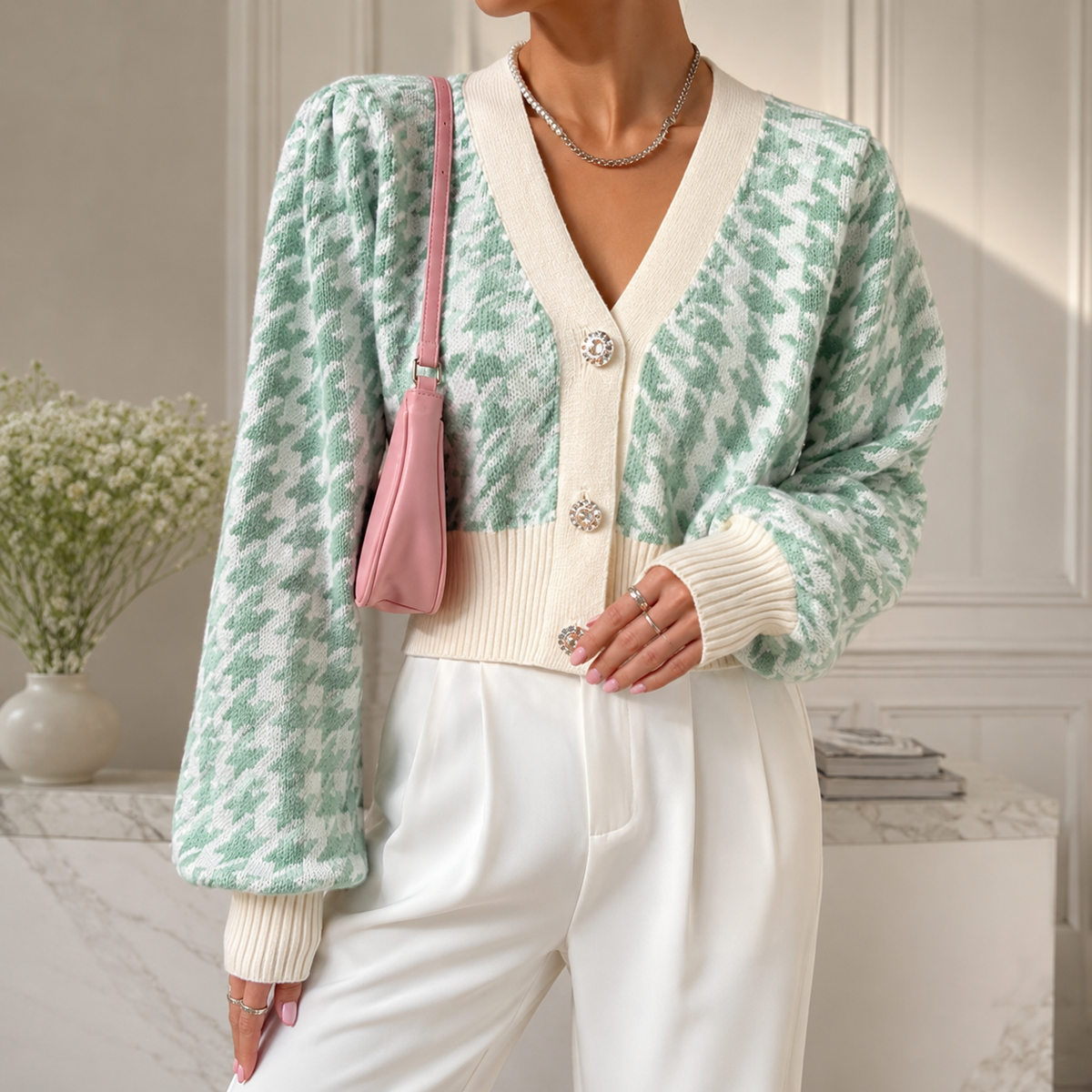 Amelia Women’s Patterned Knit Button Cardigan – Cropped Soft Knit Sweater