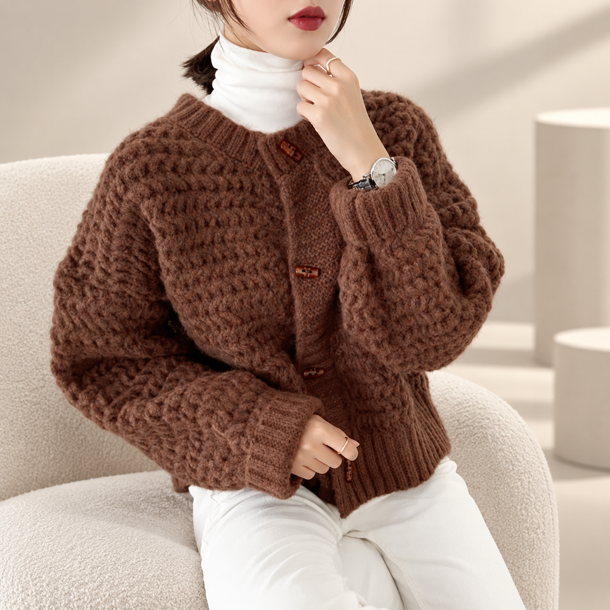 Lucienne Women’s Textured Knit Cardigan – Button Front Long Sleeve Sweater