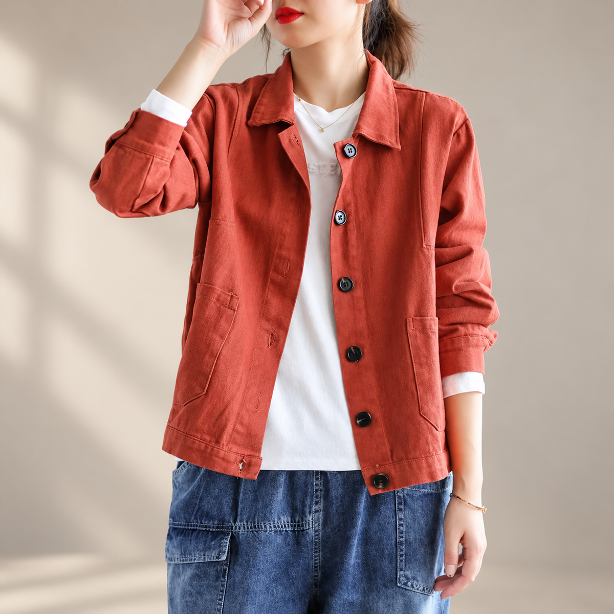 Camille Women’s Button-Front Casual Jacket – Relaxed Fit Long Sleeve Utility Coat