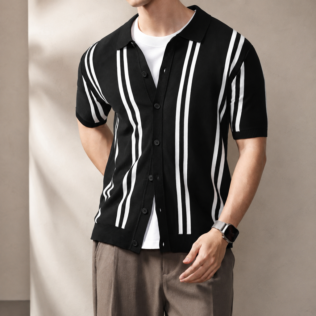 Étienne Men’s Striped Knit Polo Cardigan – Short Sleeve Button-Front Shirt
