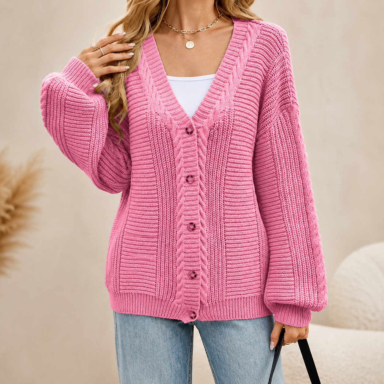 Vivienne Women’s Cable Knit V-Neck Cardigan – Button-Front Sweater