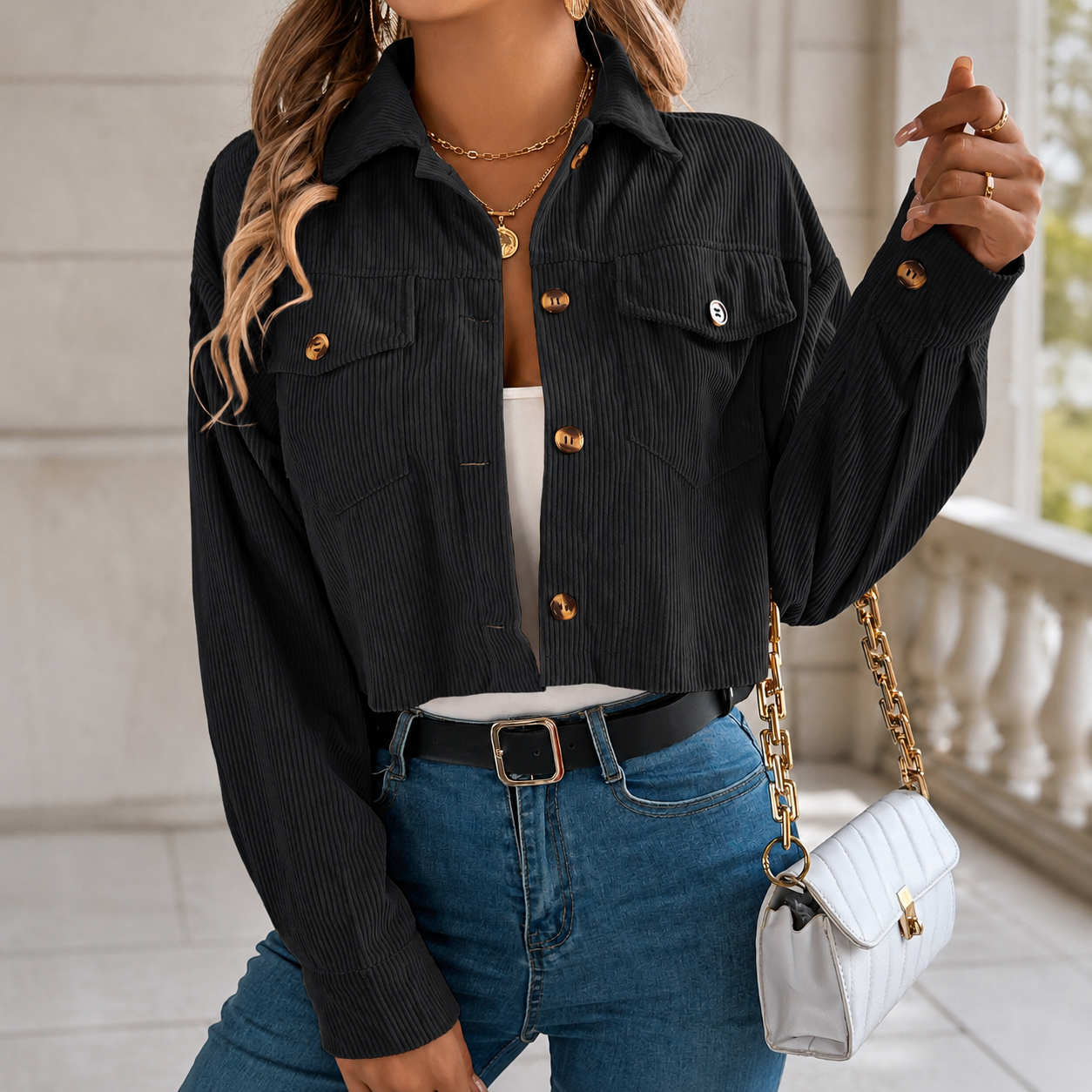 Madison Cropped Corduroy-Texture Jacket