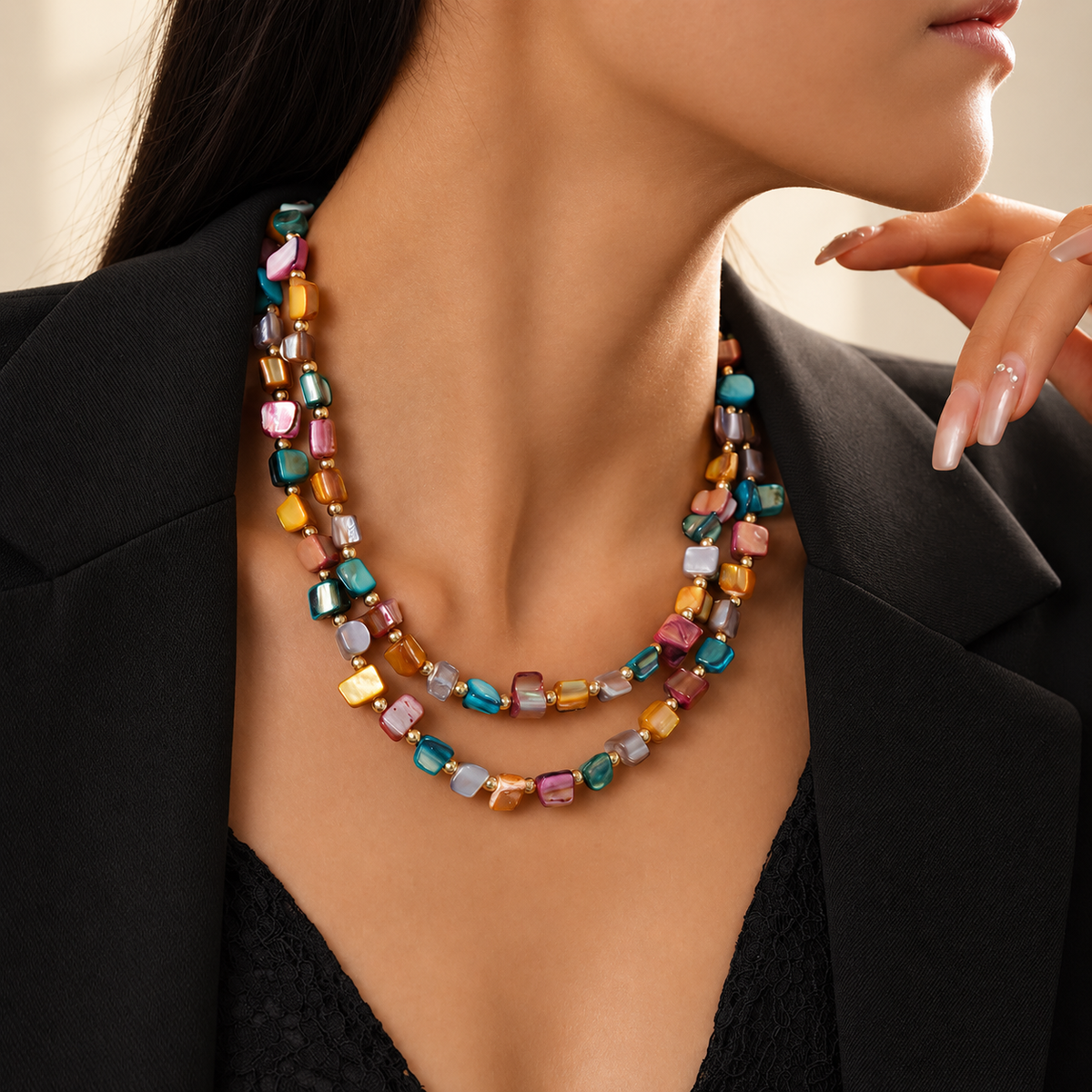 Rosalie Women’s Layered Shell Bead Necklace – Multicolor Statement Jewelry