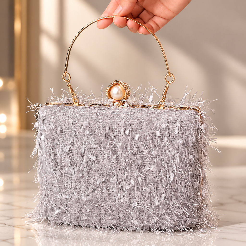 Vivienne Pearl Fringe Evening Clutch Bag with Gold Handle