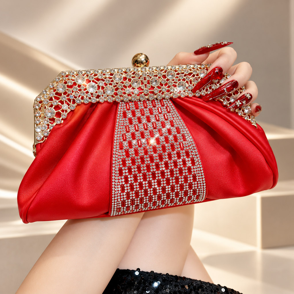 Genevieve Crystal Frame Ruched Evening Clutch with Chain Strap
