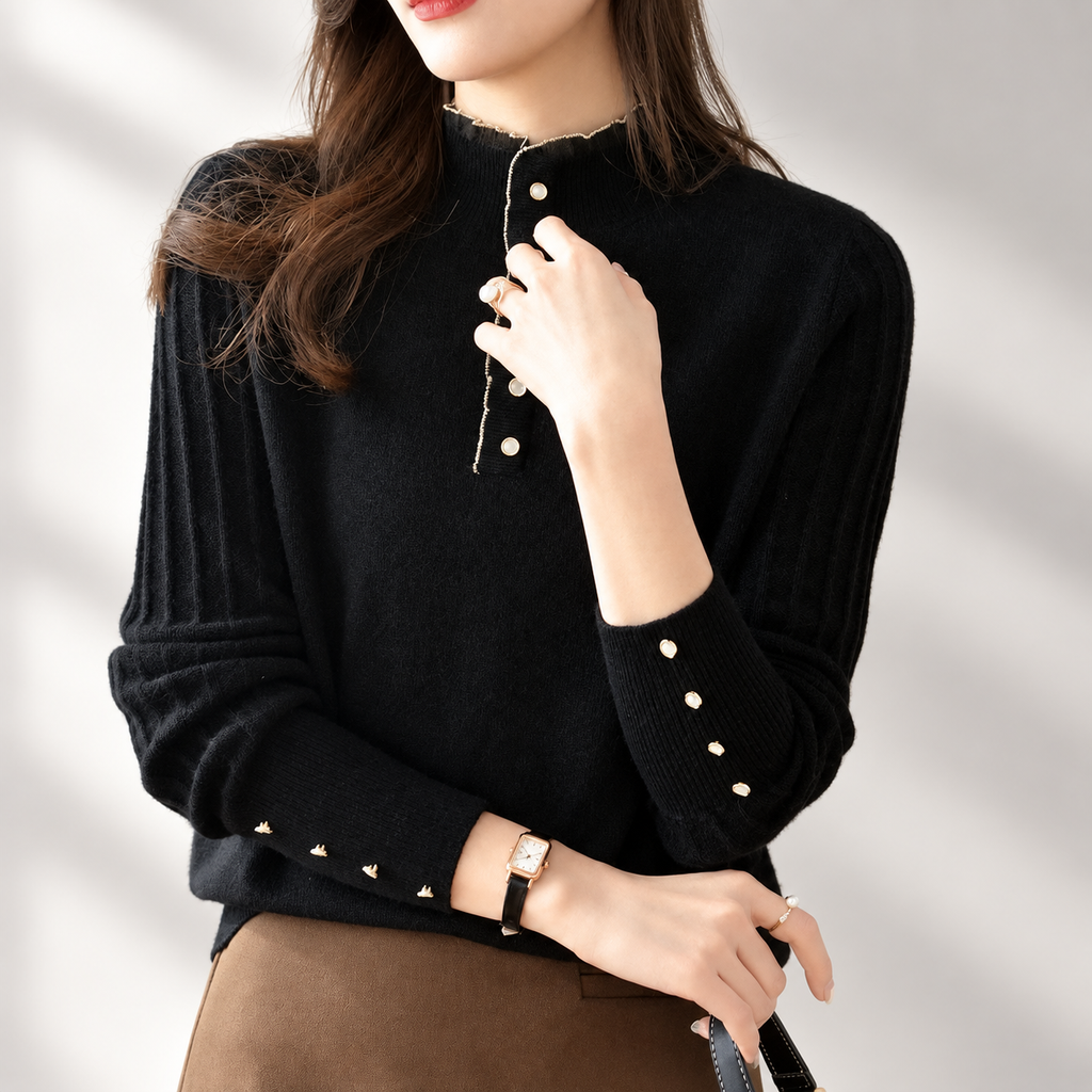 Vivienne Women's Ruffle Mock Neck Knit Sweater with Button Placket