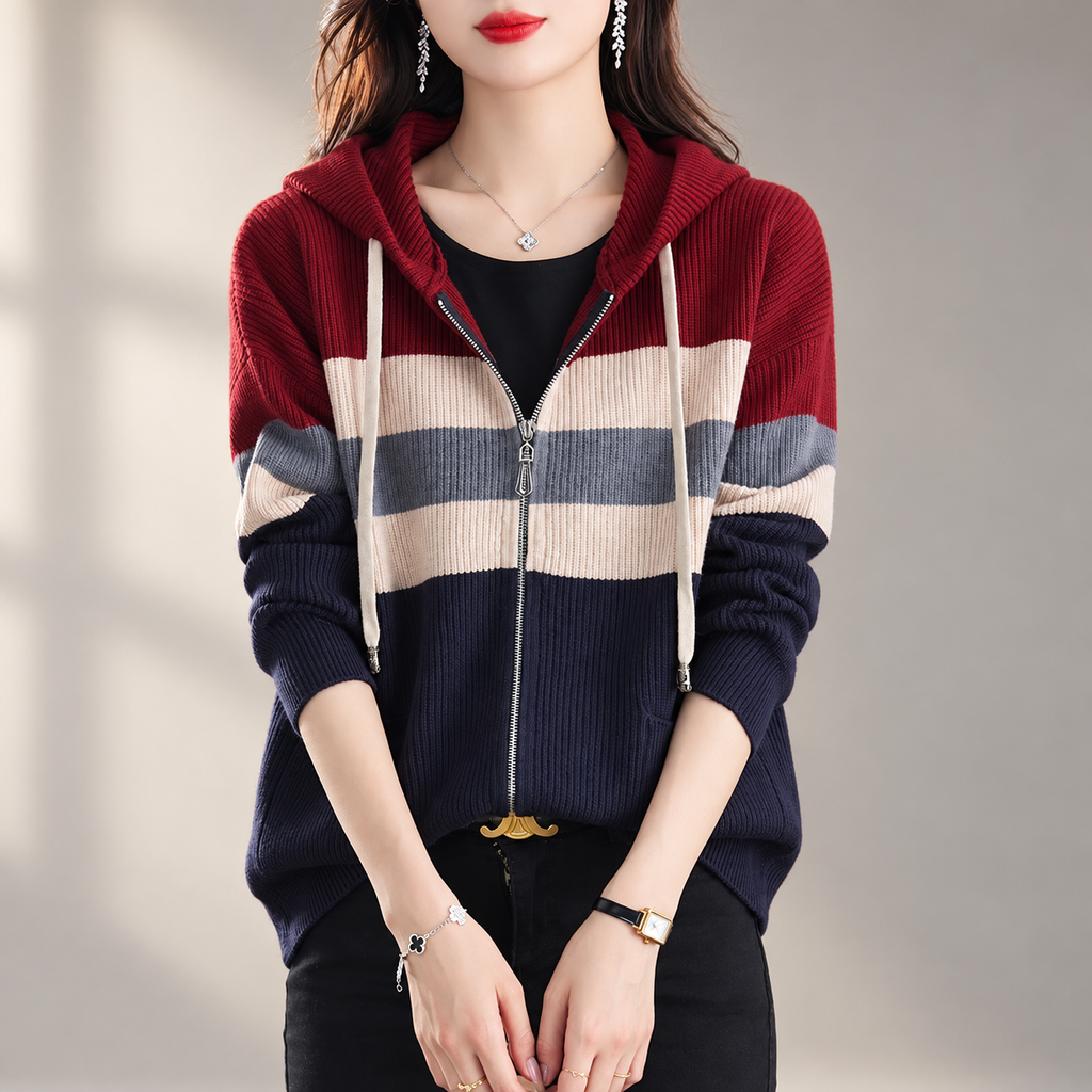 Adriana Women's Colorblock Zip-Front Hooded Knit Cardigan with Pockets