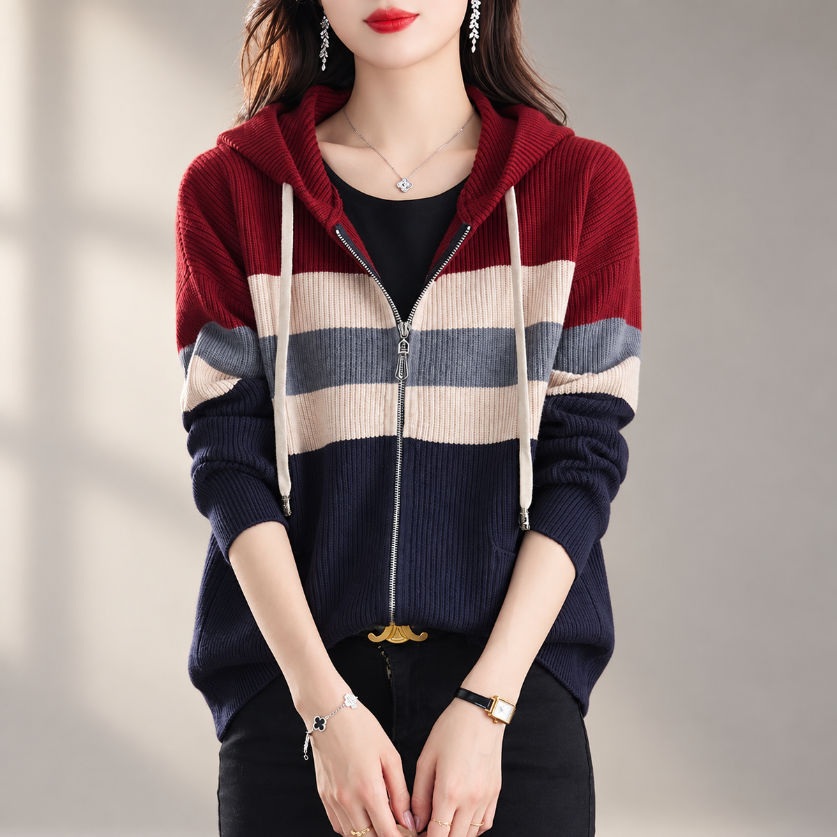Adriana Women's Colorblock Zip-Front Hooded Knit Cardigan with Pockets