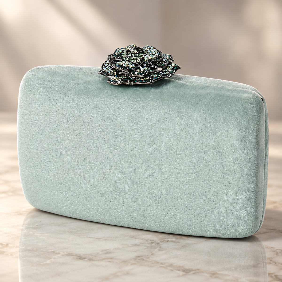 Camille Jeweled Rose Velvet Evening Clutch with Chain Strap