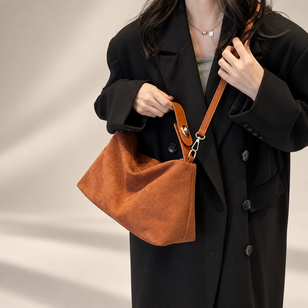 Alessia Suede-Look Shoulder Bag with Top Handle and Adjustable Crossbody Strap