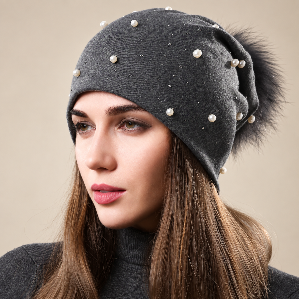 Vivienne Women’s Pearl Embellished Slouchy Pom-Pom Beanie