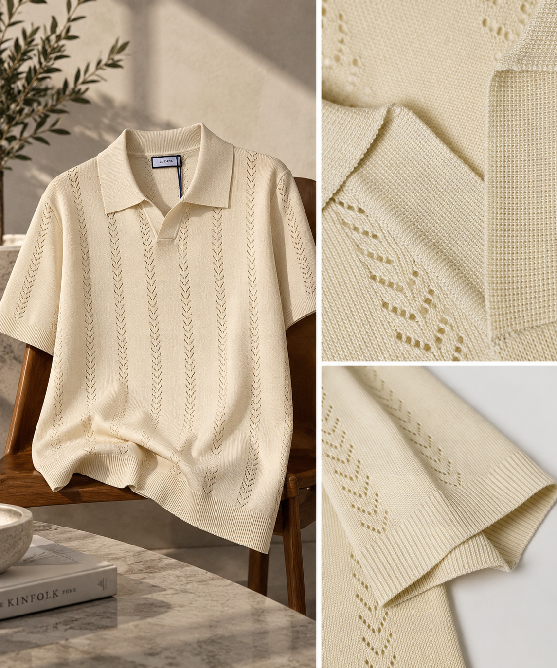 Lucien Men’s Open-Collar Knit Polo Shirt – Short Sleeve Textured Pullover