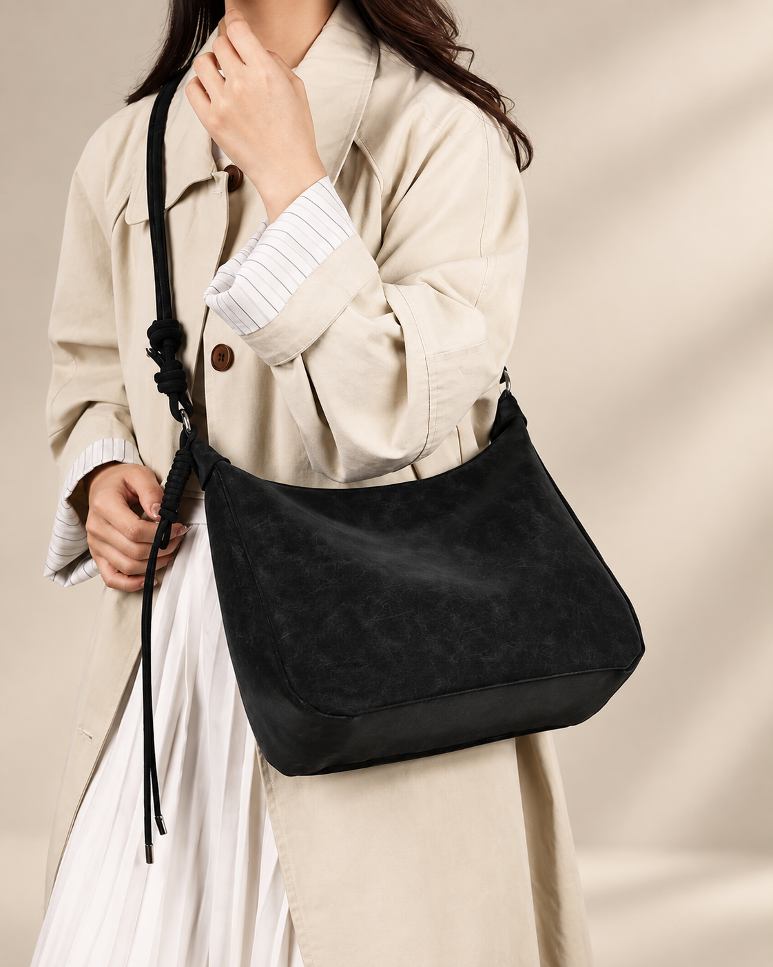 Marina Women’s Soft Hobo Shoulder Bag – Slouchy Zip-Top Handbag with Knotted Strap Detail