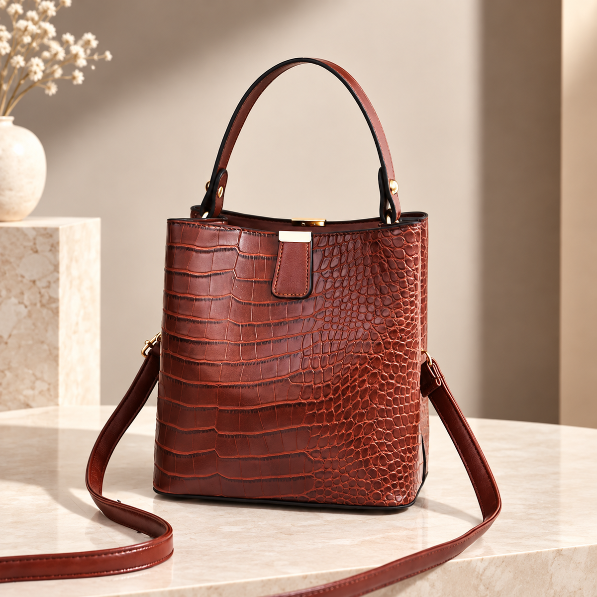 Isadora Women’s Croc-Embossed Top Handle Handbag – Structured Shoulder & Crossbody Bag