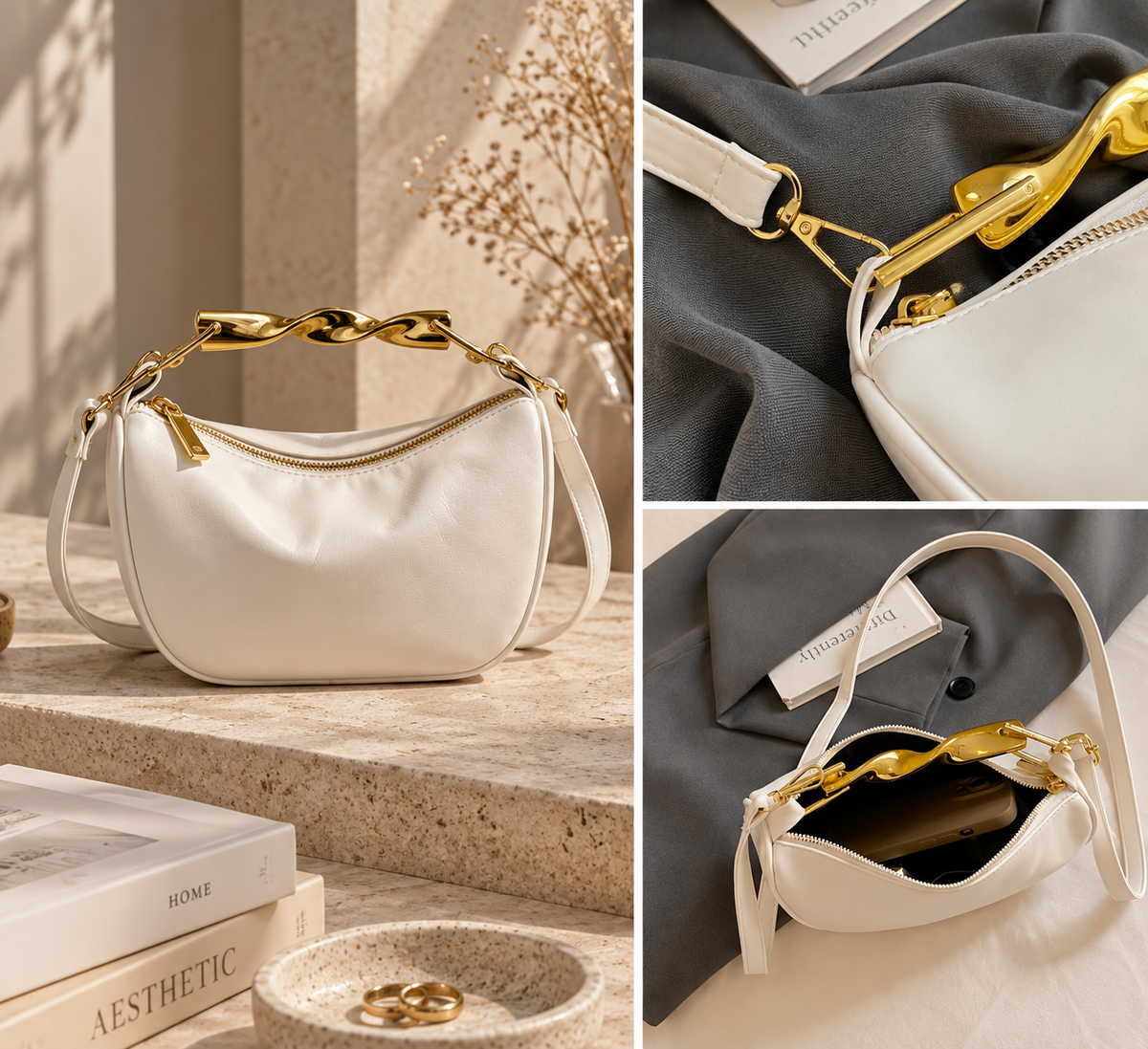 Genevieve Crescent Shoulder Bag – Sculpted Gold-Tone Handle Crossbody Handbag