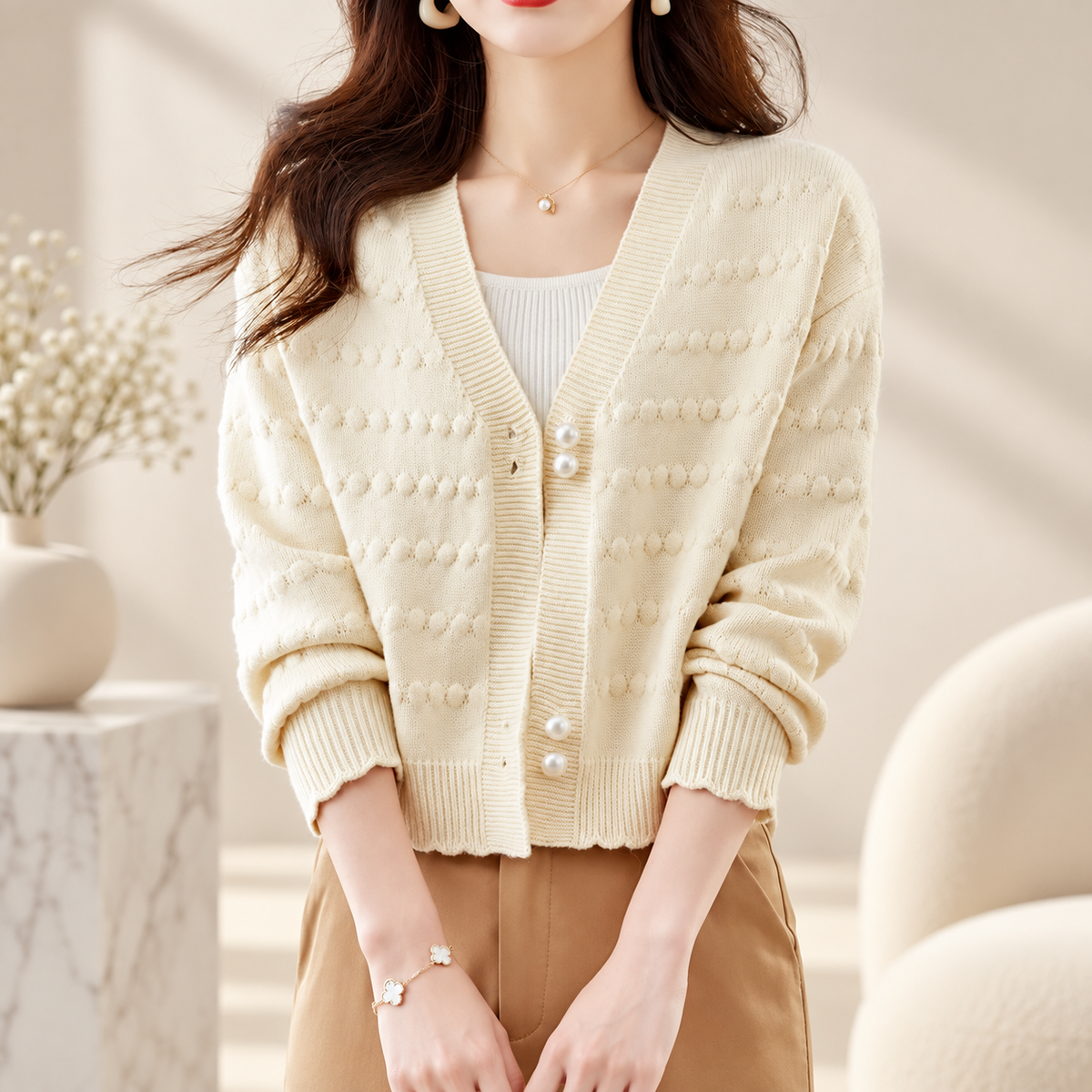 Serafina Women's Textured V-Neck Knit Cardigan with Pearl-Style Buttons