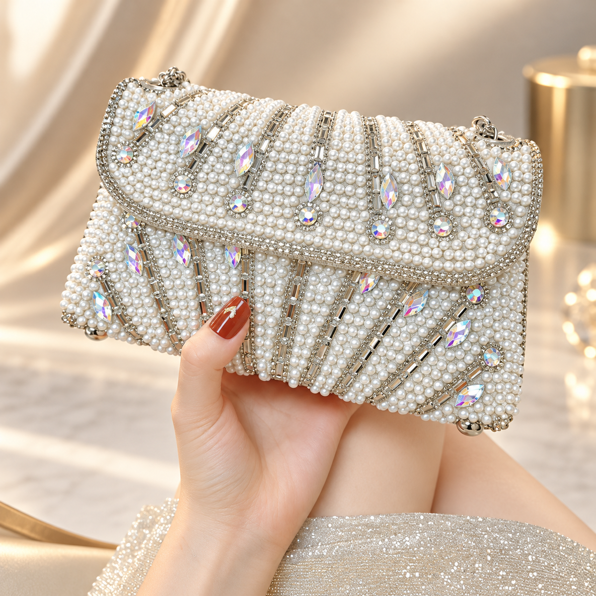 Vivienne Pearl & Crystal Embellished Evening Clutch Bag