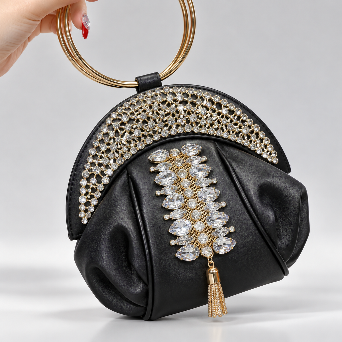 Vivienne Rhinestone Evening Clutch Bag with Gold Ring Handle