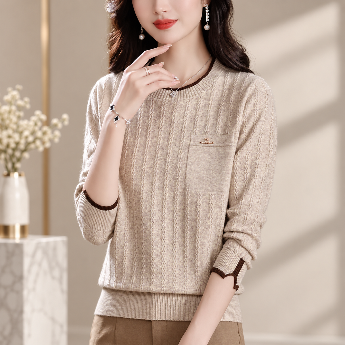Madeleine Women’s Textured Crew Neck Knit Sweater – Long Sleeve Pullover with Chest Pocket