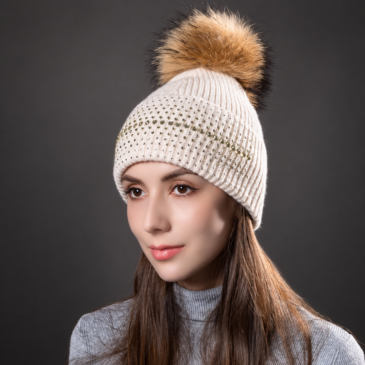 Lucia Embellished Ribbed Pom-Pom Beanie