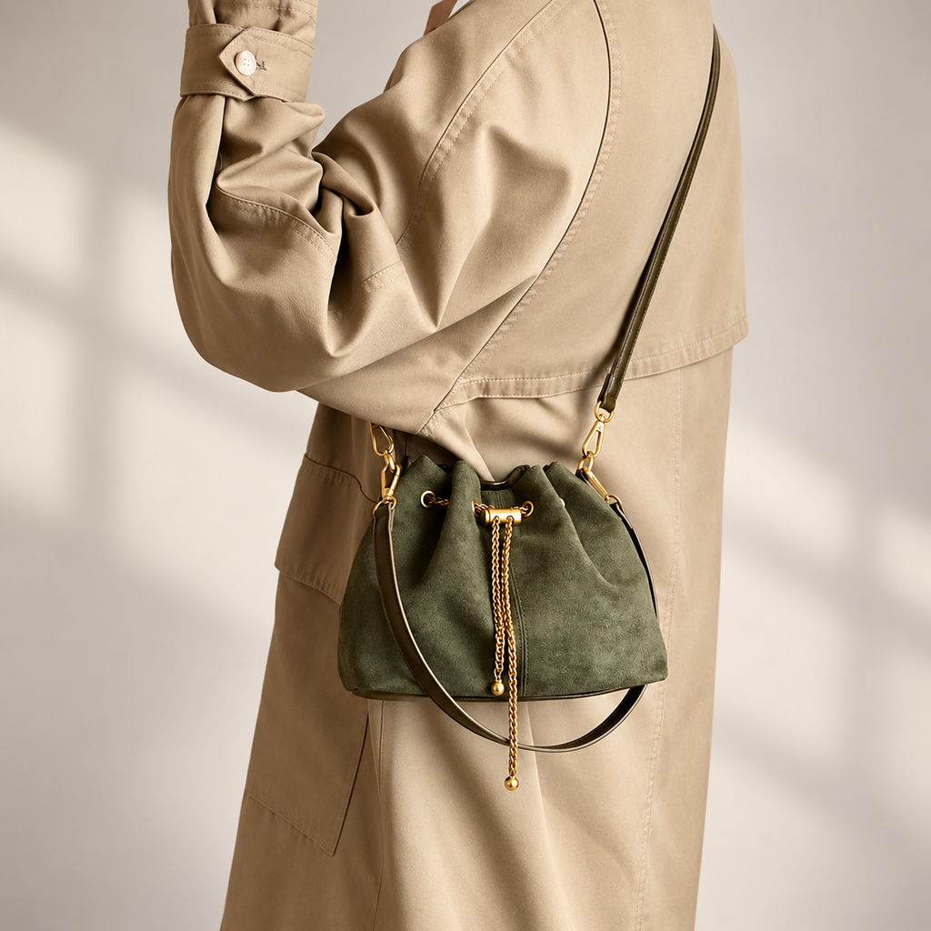 Sofia Women’s Suede-Look Drawstring Bucket Bag – Chain Detail Shoulder & Crossbody Handbag
