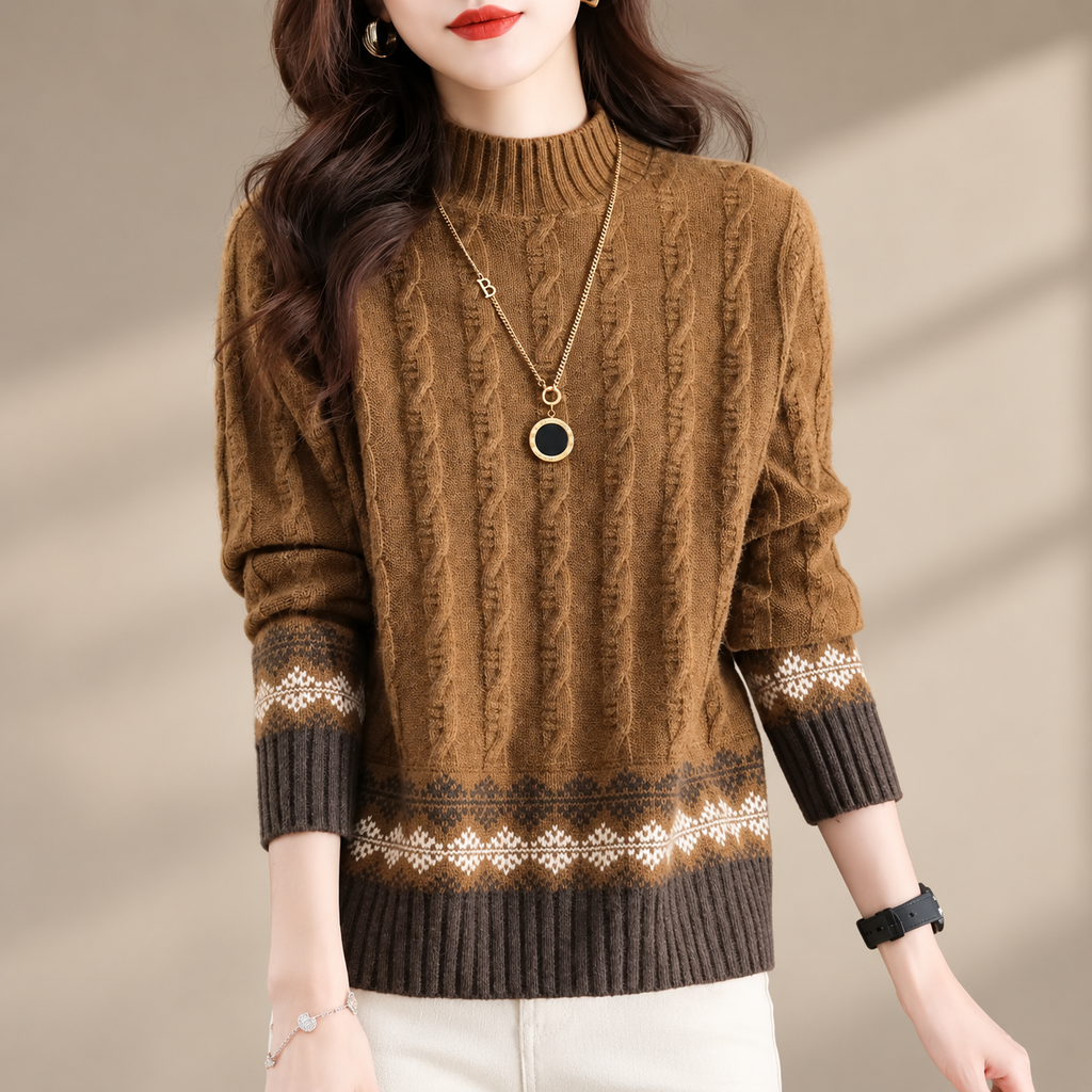 Adeline Fair Isle Cable Knit Mock Neck Sweater