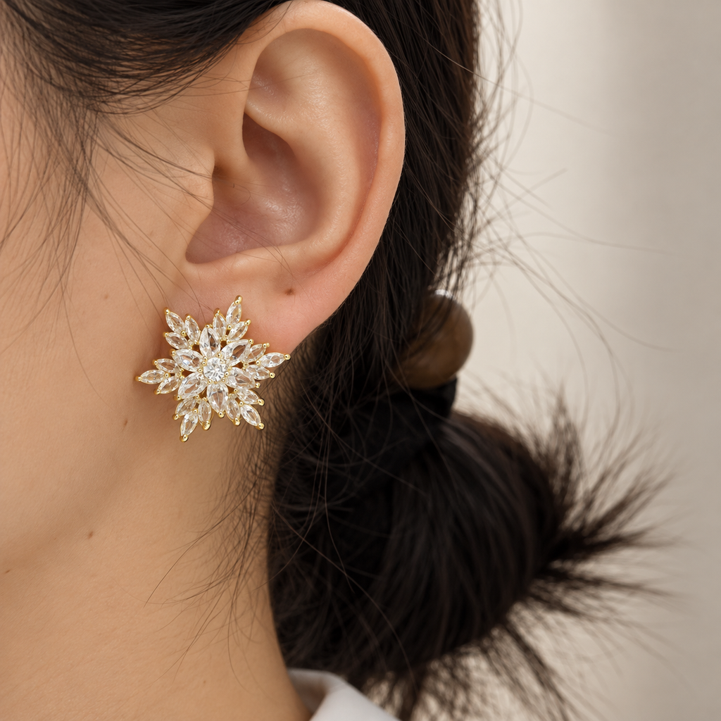 Isabella Crystal Snowflake Stud Earrings – Gold & Silver Tone Statement Earrings