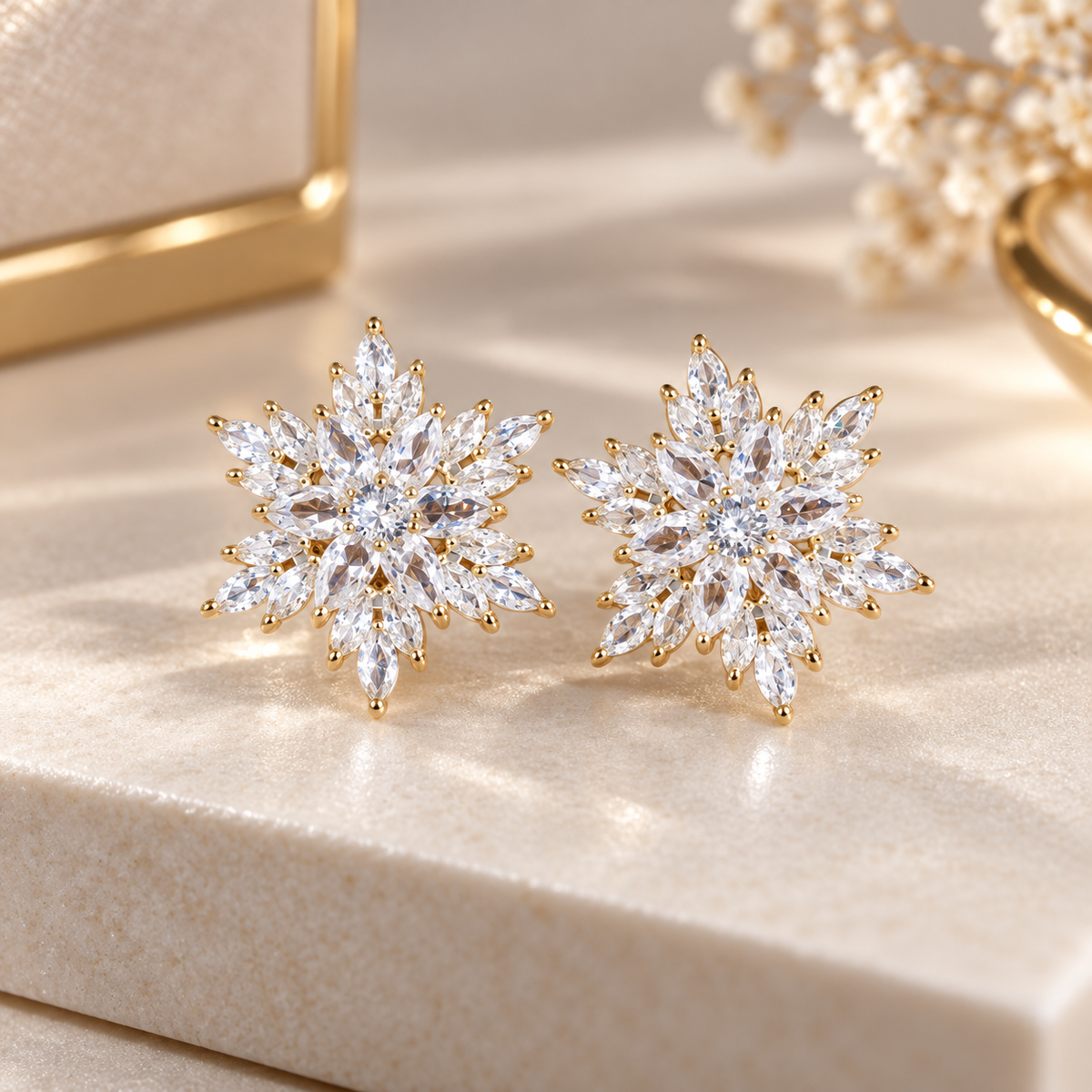 Isabella Crystal Snowflake Stud Earrings – Gold & Silver Tone Statement Earrings