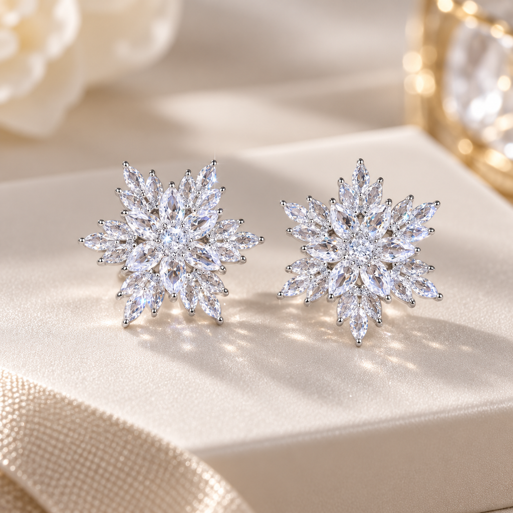 Isabella Crystal Snowflake Stud Earrings – Gold & Silver Tone Statement Earrings