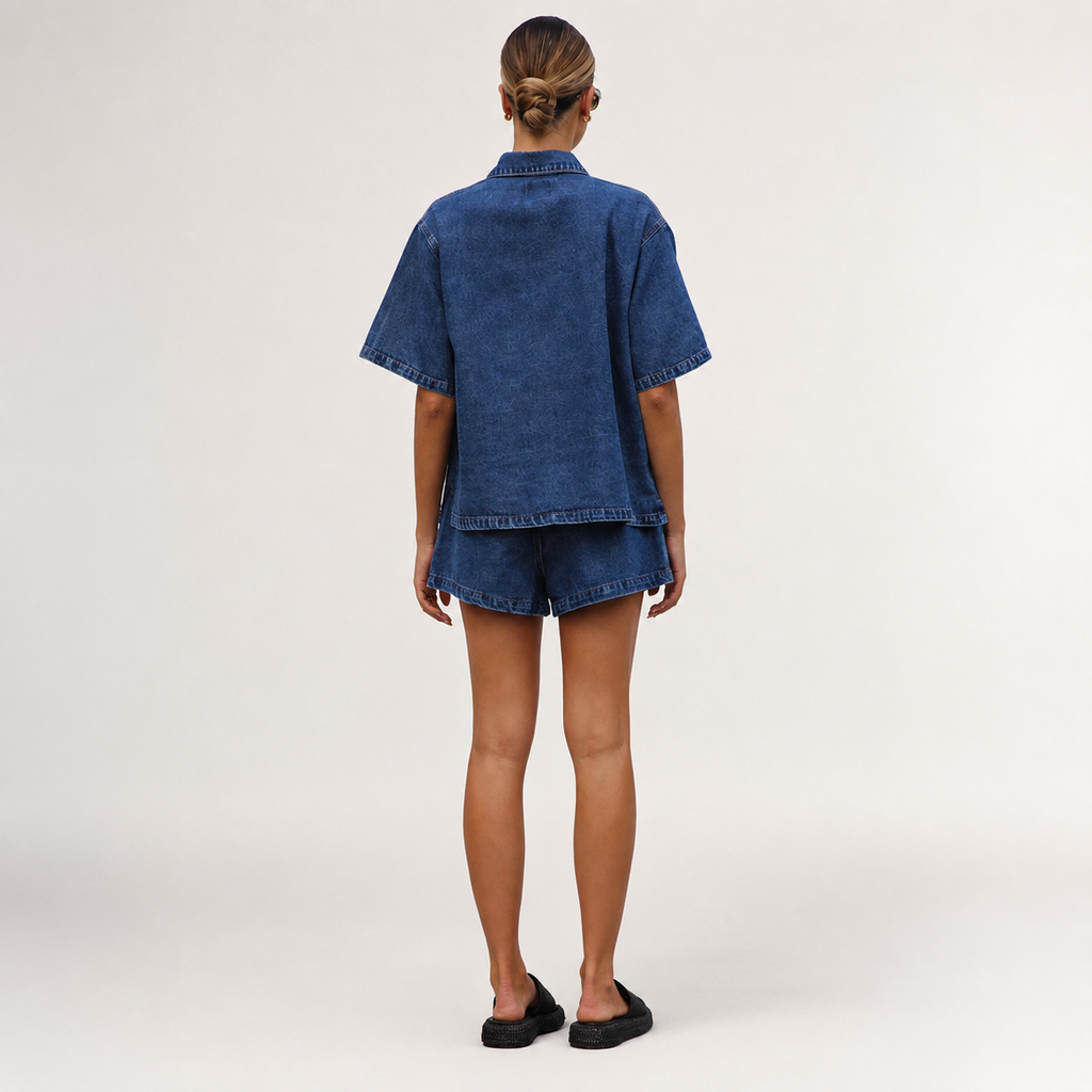 Harper Women’s Two-Piece Stretch Denim Shirt and High-Waisted Shorts Set