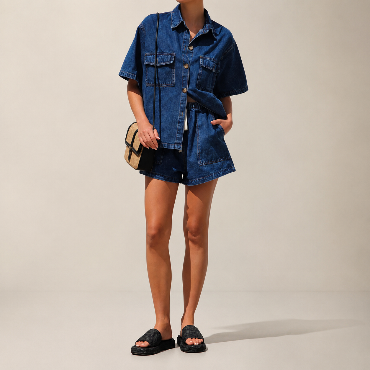 Harper Women’s Two-Piece Stretch Denim Shirt and High-Waisted Shorts Set